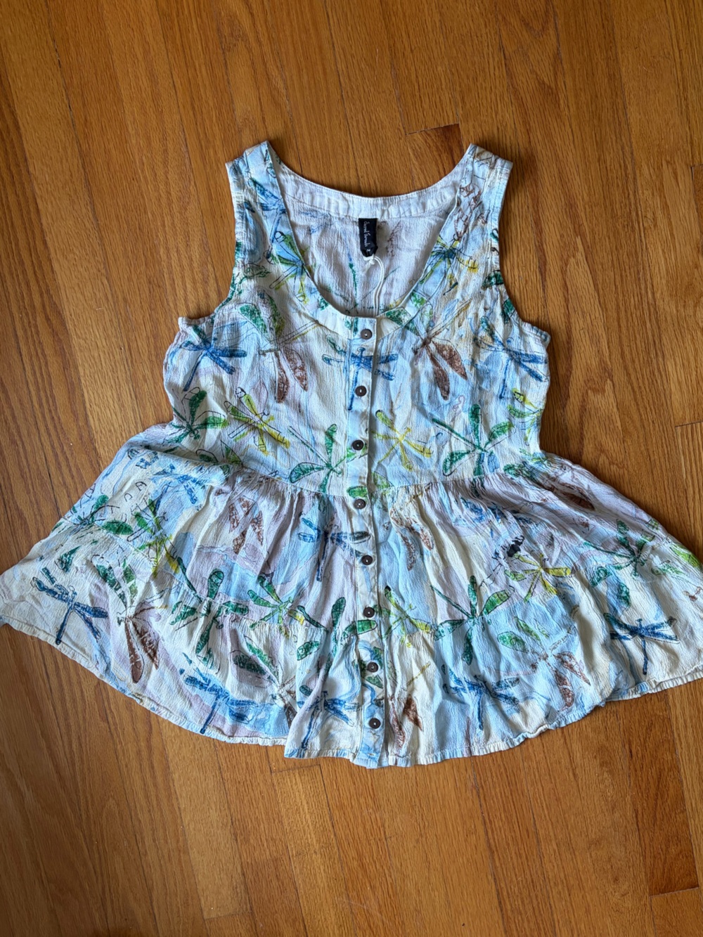 Sacred Threads Pastel Dragonfly Tiered Babydoll Rayon Button Down Tank